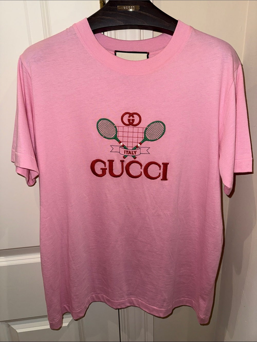 Gucci Pink Tennis Logo T-Shirt with Red Embroidery. Worn 1x. Like new. No tags.